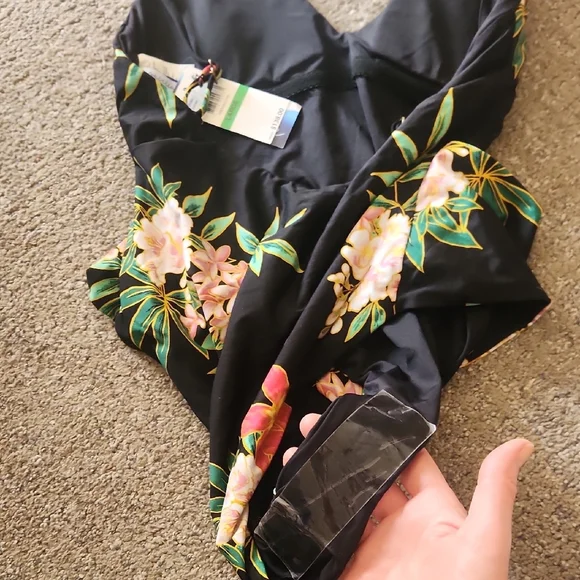 Floral Wrap One-Piece Swimsuit - Black with Tropical Print - Picture 6 of 8